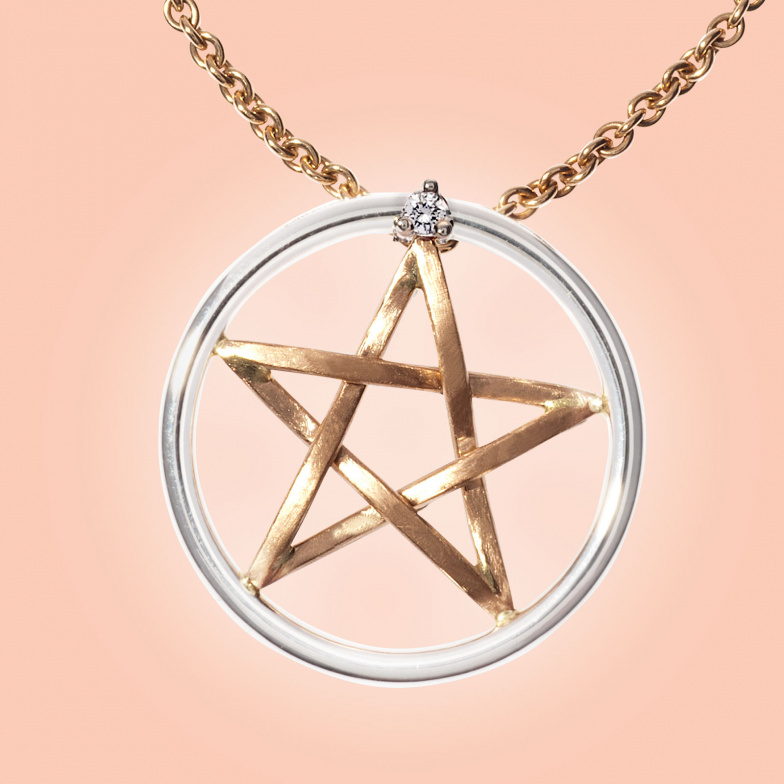 Pentagramm-Anhänger aus Roségold im Platinring mit kleinem Brillant an Kette